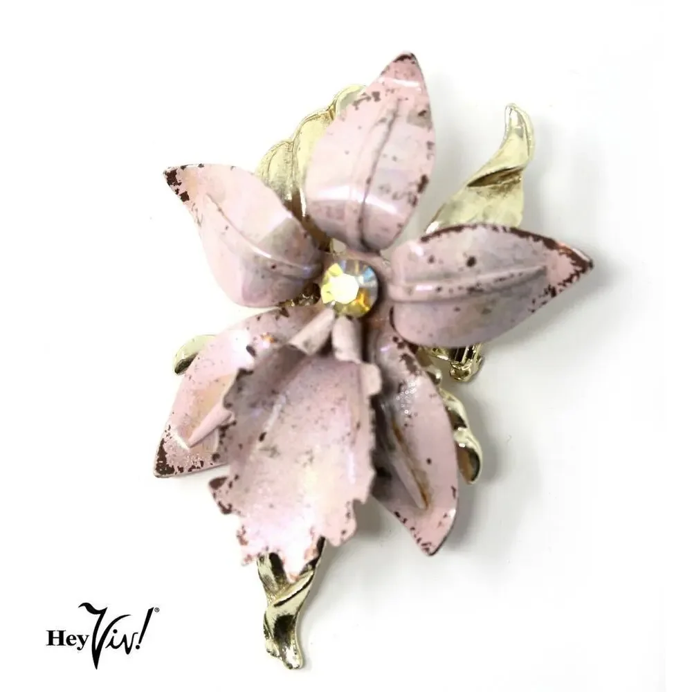 Vintage Pink Enamel Flower Pin w Touch of Gold 3D Petals 2 5/8